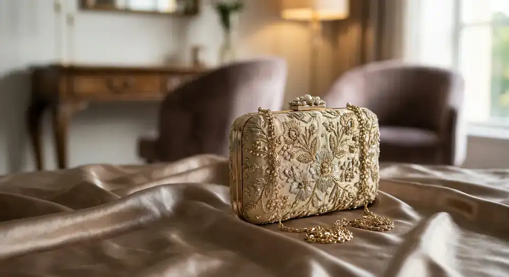 Elegant evening clutch by Aanya Handbags resting on a silk surface