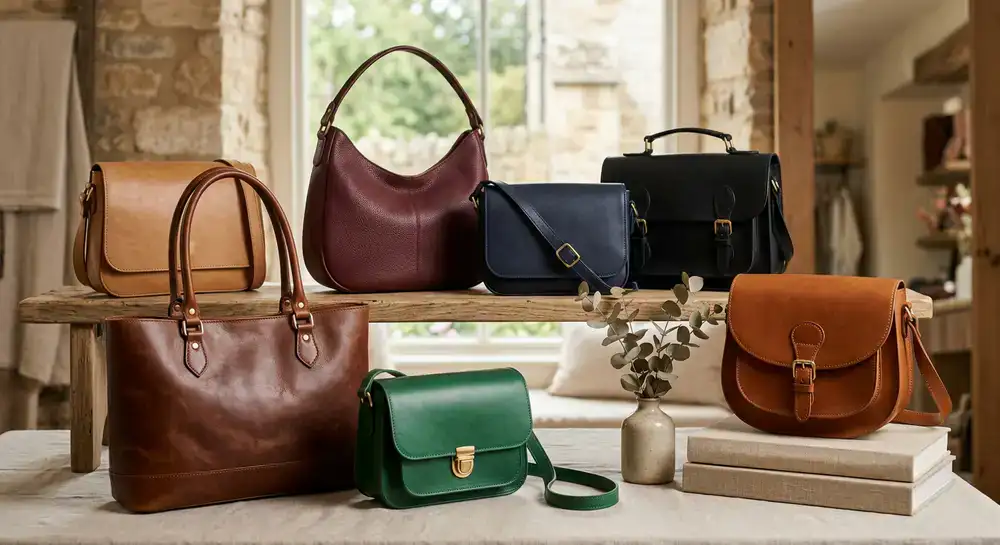 Aanya Handbags premium leather collection arranged artistically