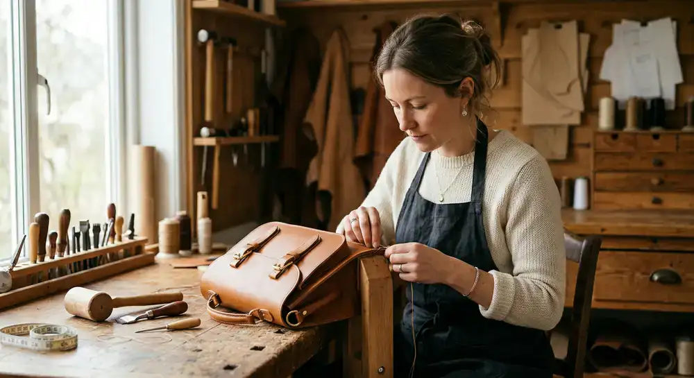 Artisan working on a leather handbag