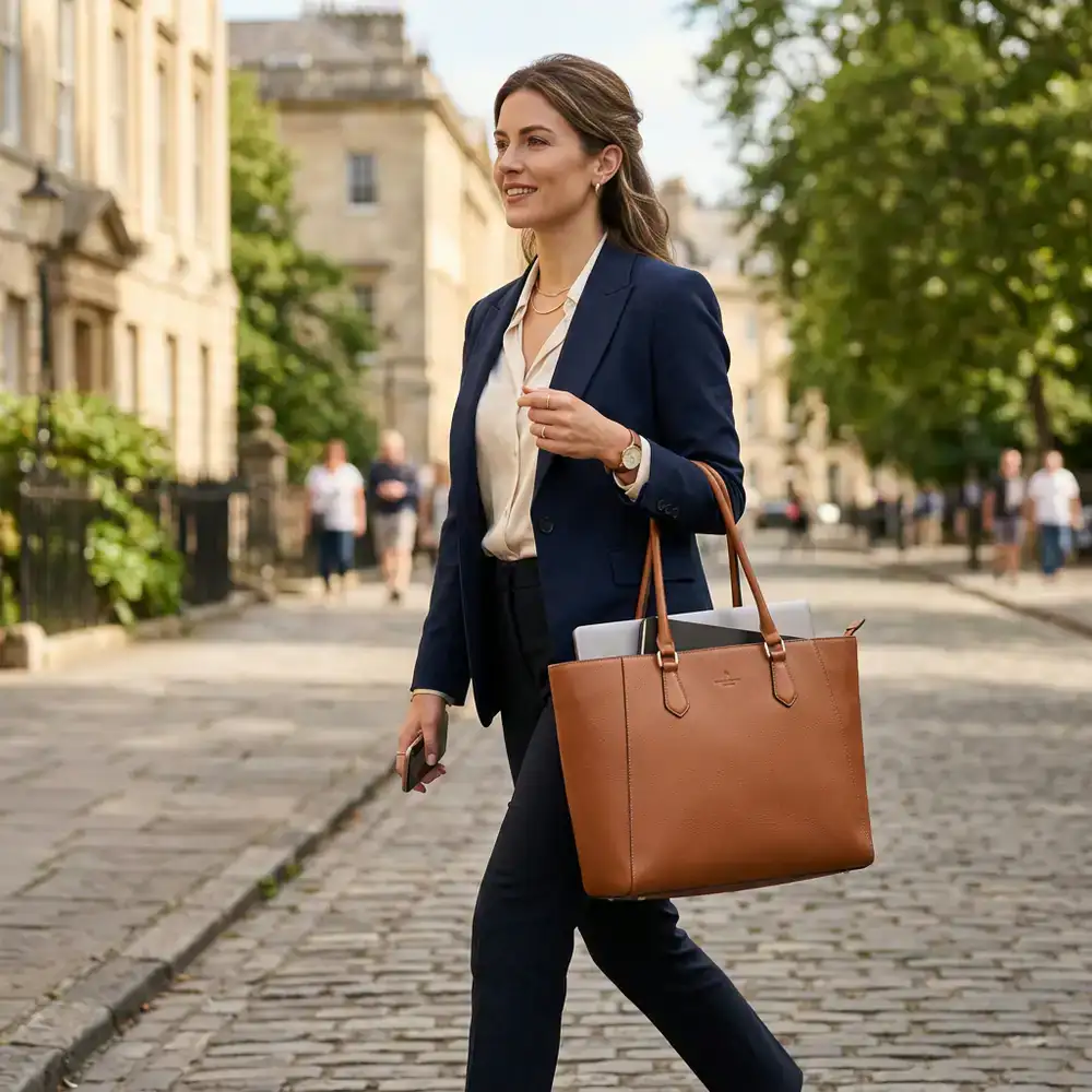 Woman carrying a spacious Aanya Handbags leather tote
